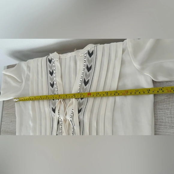 Rebecca Taylor Embroidered Chevron Silk Top Lace Up Neck Long Sleeve Sz 0 *FLAW - Picture 6 of 13